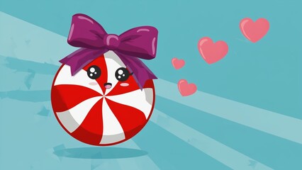 Cartoon character with a bow around its neck and a heart on its head. The character is surrounded by hearts, which suggests a theme of love or affection