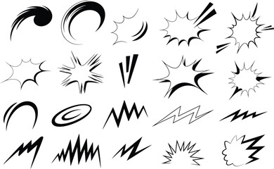 A collection of dynamic comic book style speed lines and explosion vector elements isolated on white background