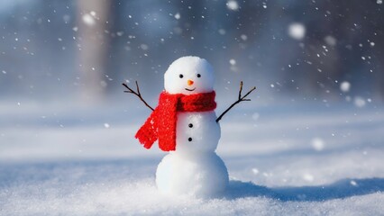 Snowman with a red scarf is standing in the snow. The snowman is smiling and he is happy
