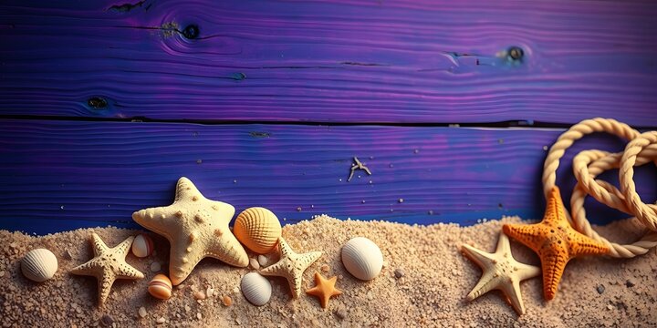 Summer beach background with starfish shells and rope on purple wood