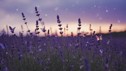 Field of lavender with butterflies flying around