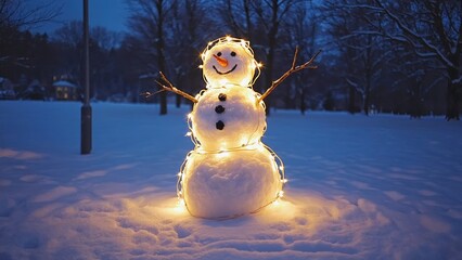Snowman with lights on it is standing in the snow. The snowman is lit up and he is happy