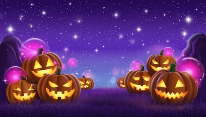 Field of pumpkins with glowing eyes and a purple sky background. Scene is spooky and eerie