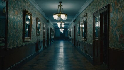 Long hallway with a chandelier hanging from the ceiling. The hallway is dark and empty