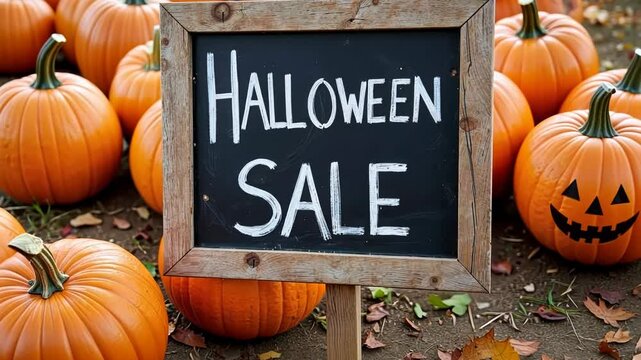 Halloween sale sign in pumpkin patch during autumn season  