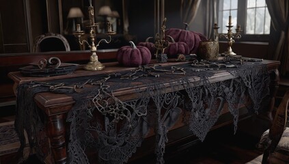 Table with a black lace table runner and a pumpkin on it. The table is set for a Halloween dinner