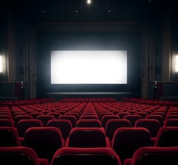 Empty Cinema Auditorium. Movie Theater with Red Seats and Blank Screen.