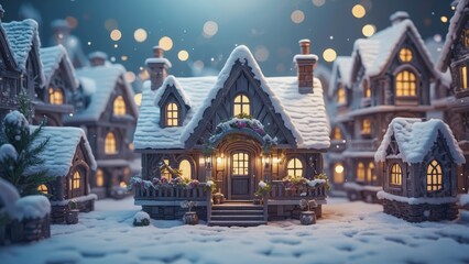 Small village with houses covered in snow. The houses are lit up with lights, creating a warm and cozy atmosphere. Concept of winter wonderland and the holiday spirit
