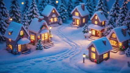 Small village of houses with snow on the roofs and a path in the snow. The houses are lit up with lights, giving the scene a cozy and festive atmosphere