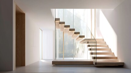 Minimalist staircase design with wood treads and glass railing in bright setting