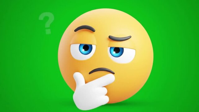 A yellow emoji with a thoughtful expression, resting a finger on its chin against a green background, conveying contemplation and consideration - Powered by Adobe