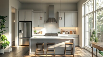 Modern kitchen interior with sunlight, ideal for a home design concept