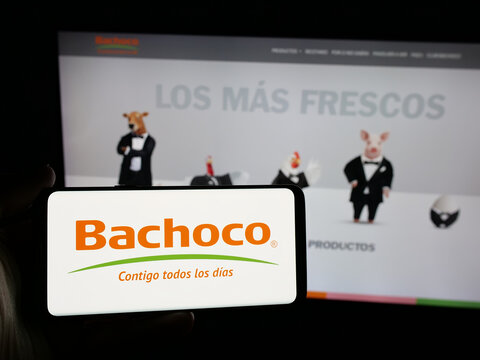 Stuttgart, Germany - 05-15-2025: Person holding smartphone with logo of company Industrias Bachoco S.A. de C.V. on screen in front of website. Focus on phone display.