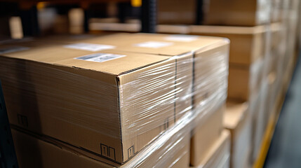Palletized goods wrapped in clear plastic film, cardboard boxes secured for transport and storage in warehouse, logistics, shipping, and delivery concept.