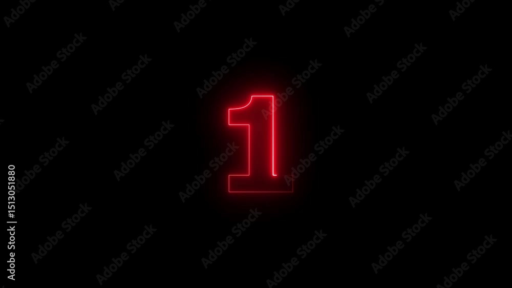Fototapete one number display neon bright flat style red color animation. glowing red neon countdown timer 1 nu
