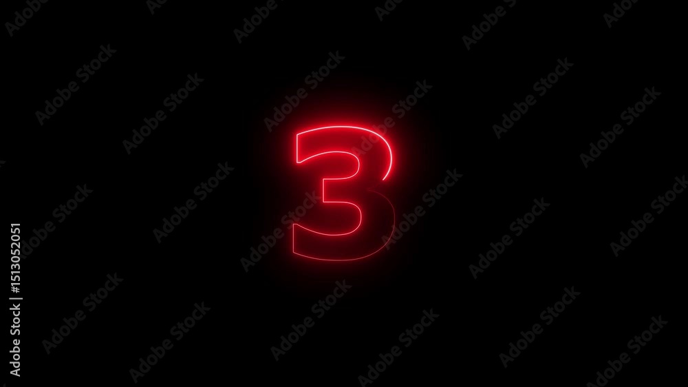 Fototapete three number display neon bright flat style red color animation. glowing red neon countdown timer 3 
