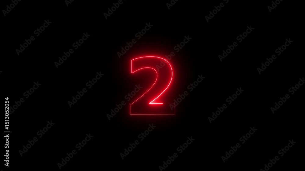 Fototapete one number display neon bright flat style red color animation. glowing red neon countdown timer 2 nu
