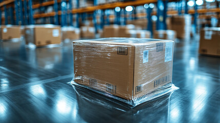 Palletized goods wrapped in clear plastic film, cardboard boxes secured for transport and storage in warehouse, logistics, shipping, and delivery concept.