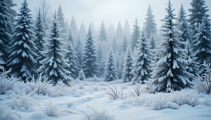 Frosty Winter Landscape in Snowy Forest with Fir Trees and Blurred Background for Christmas and Seasonal Holiday Design