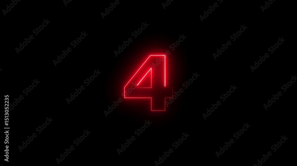 Fototapete four number display neon bright flat style red color animation. glowing red neon countdown timer 4 n