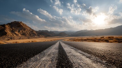 Desert Highway Journey: Endless Road Leading Through Arid Mountainous Landscape