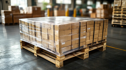 Palletized goods wrapped in clear plastic film, cardboard boxes secured for transport and storage in warehouse, logistics, shipping, and delivery concept.