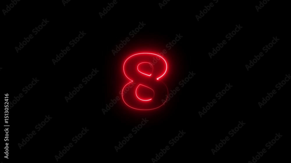 Fototapete eight number display neon bright flat style red color animation. glowing red neon countdown timer nu
