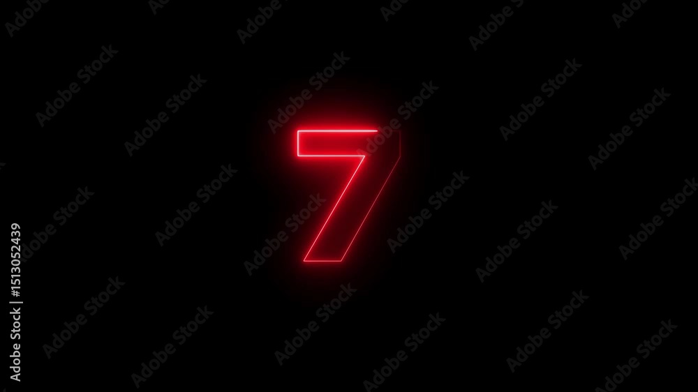 Fototapete seven number display neon bright flat style red color animation. glowing red neon countdown timer 7 