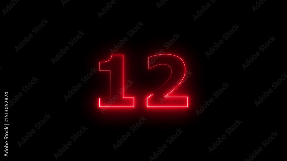 Fototapete twelve number display neon bright flat style red color animation. glowing red neon countdown timer 1