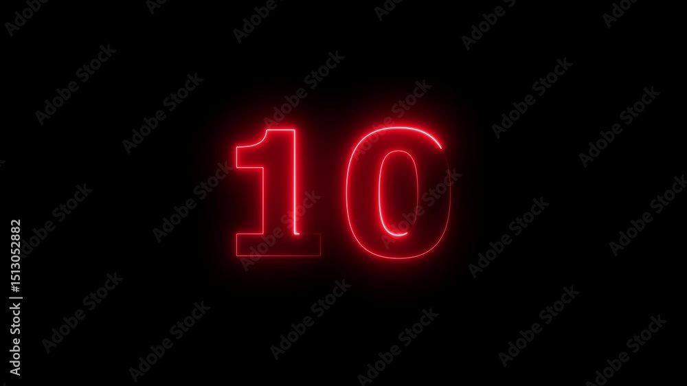 Fototapete ten number display neon bright flat style red color animation. glowing red neon countdown timer 10 n