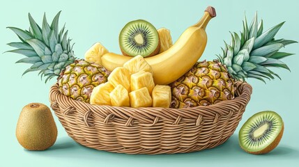 Exotic Fruit Basket Composition with Pineapple, Banana, and Kiwi on Pastel Background, creating a vibrant and tropical fruit delight composition
