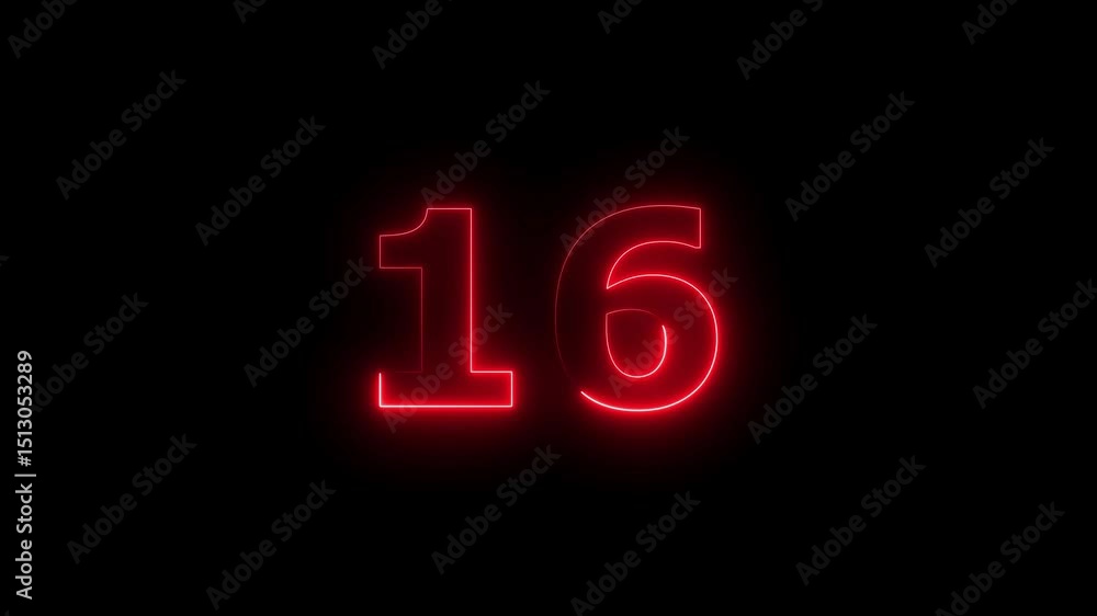 Poster sixteen number display neon bright flat style red color animation. glowing red neon countdown timer 