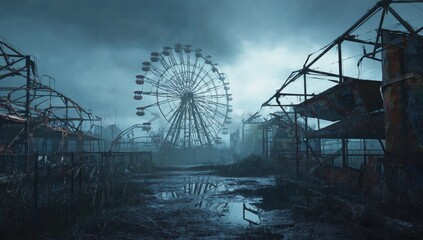 Desolate amusement park with a broken Ferris wheel. The sky is dark and cloudy, and the atmosphere is eerie and unsettling