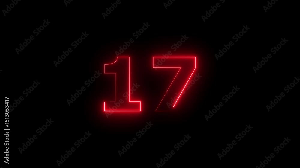 Fototapete seventeen number display neon bright flat style red color animation. glowing red neon countdown time