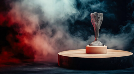 Silver trophy with feather design on pedestal in dramatic lighting