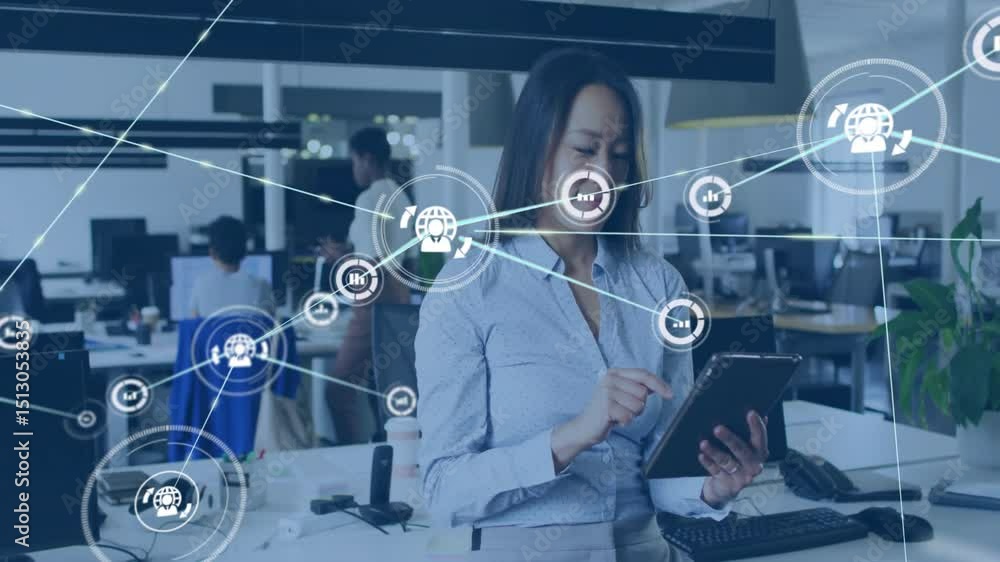 Aufkleber office professional tapping tablet in office animating expanding data network for tech decisions