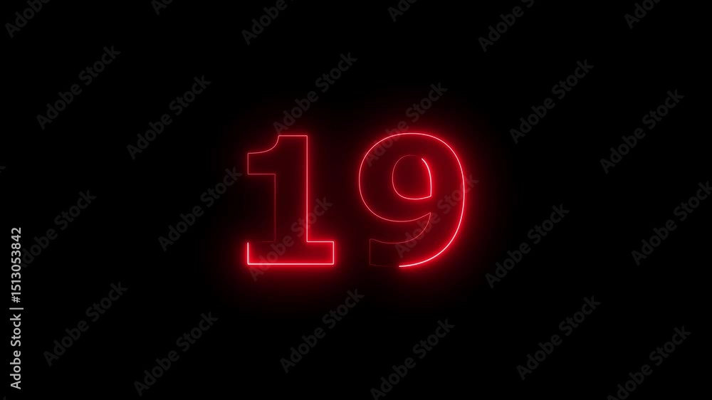 Fototapete nineteen number display neon bright flat style red color animation. glowing red neon countdown timer
