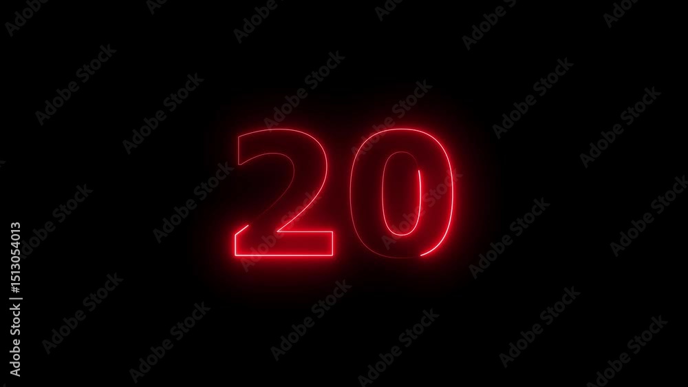 Fototapete twenty number display neon bright flat style red color animation. glowing red neon countdown timer 2