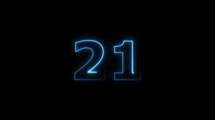  twenty one number display neon bright flat style royal blue color animation. Glowing  royal blue neon countdown timer 21 number animation on black background.