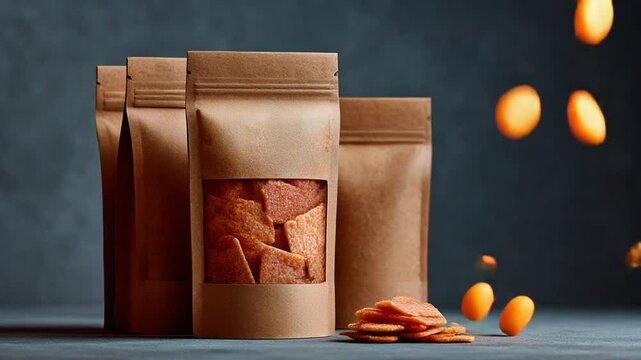Brown paper bags filled with colorful snacks on display