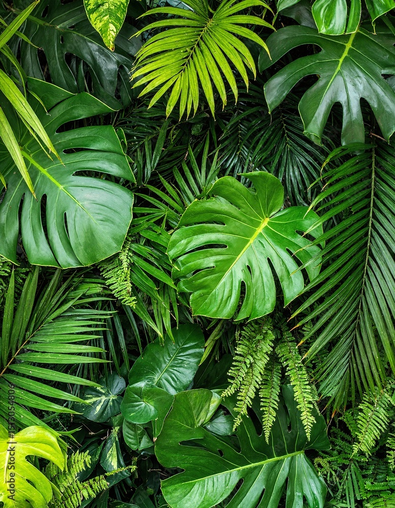 Poster a vibrant cluster of lush green leaves scattered across the ground, showcasing various shapes and si