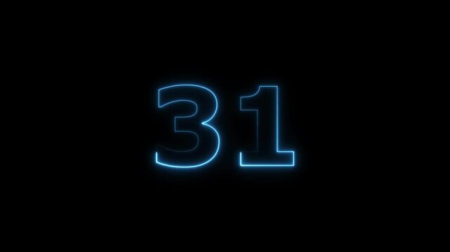 thirty one number display neon bright flat style royal blue color animation. Glowing  royal blue neon countdown timer 31 number animation on black background.