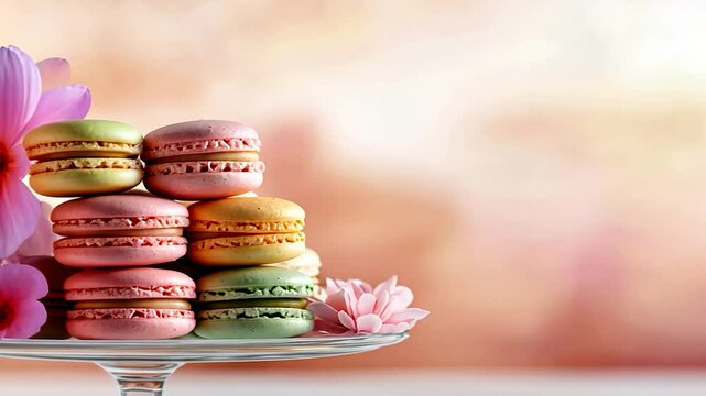 Colorful macaron stack with pastel background on glassware for sweet dessert presentation