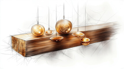 Obraz premium Sketch of delicate hanging wind chimes on wood beam