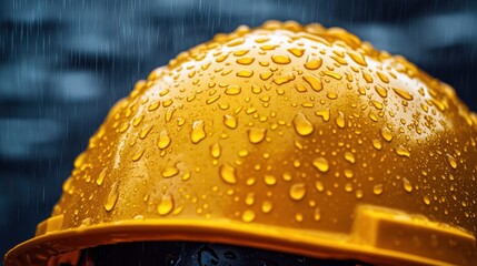 Yellow hard hat covered in raindrops during heavy rainfall, close-up shot. Illustrates workplace safety in tough weather for construction and related themes.