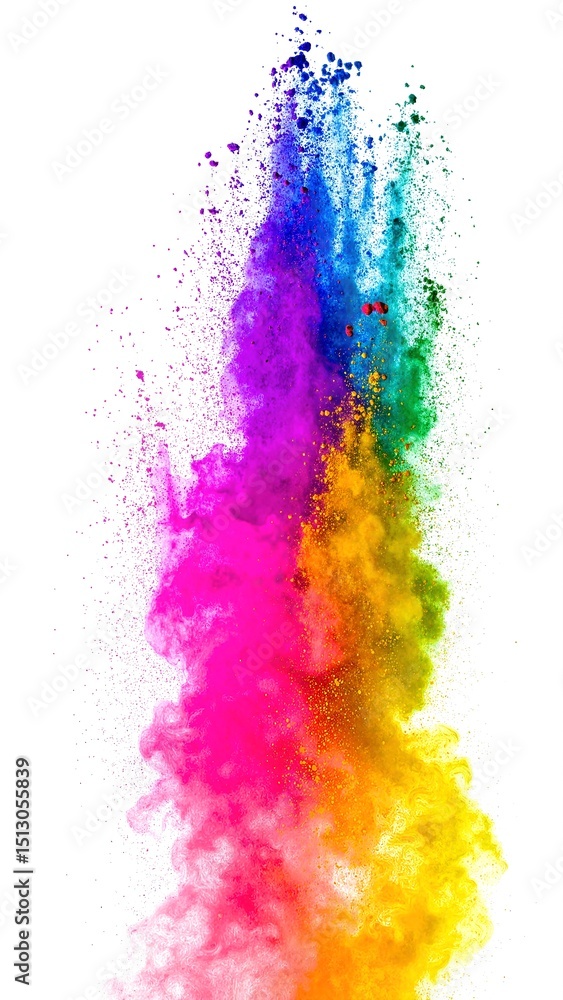 Poster a vibrant burst of multicolored powder erupts against a pristine white background, creating a dynami