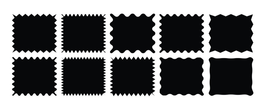 Zig zag edge rectangle shape, black collection.Geometric zig zag wavy labels, isolated on white background. Rectangle shape frame with zigzag edge. zigzag frame.