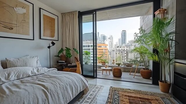 Modern apartment interior with city view and open balcony showcasing urban living space, comfortable bedroom area, and compact kitchen design offering an efficient lifestyle