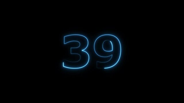 thirty nine number display neon bright flat style royal blue color animation. Glowing  royal blue neon countdown timer 39 number animation on black background.
