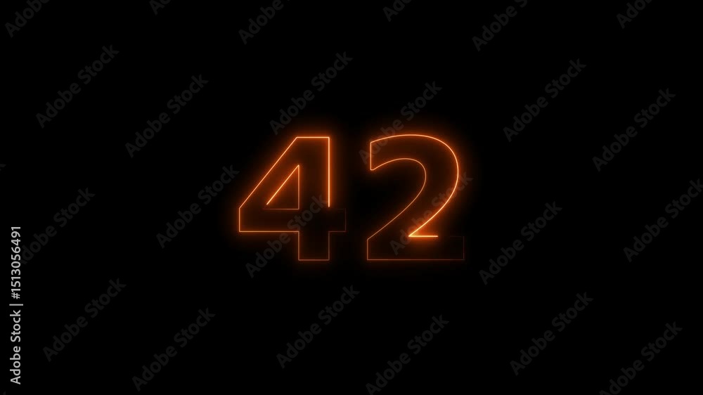 Poster forty two number display neon bright flat style orange color animation. glowing orange neon countdow